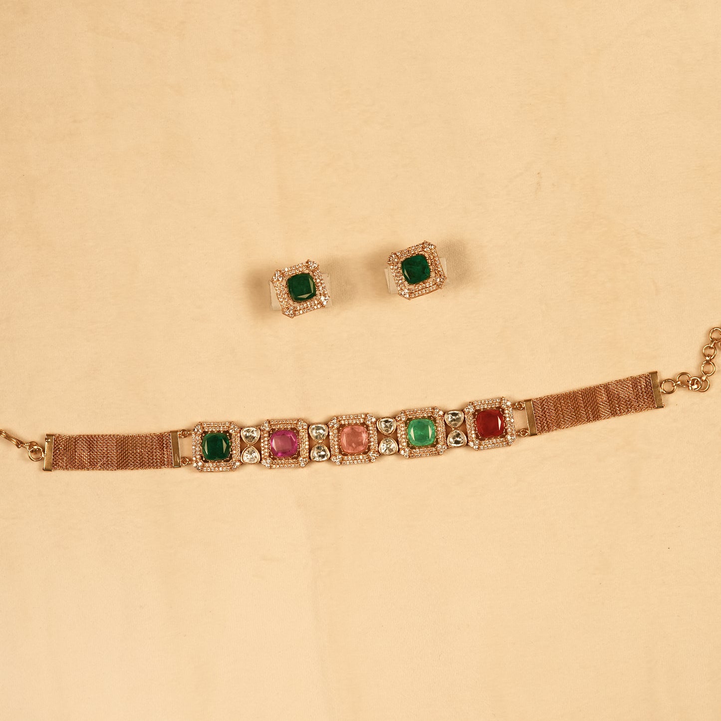 Aanura Green Square-Cut Stone Choker Necklace Set