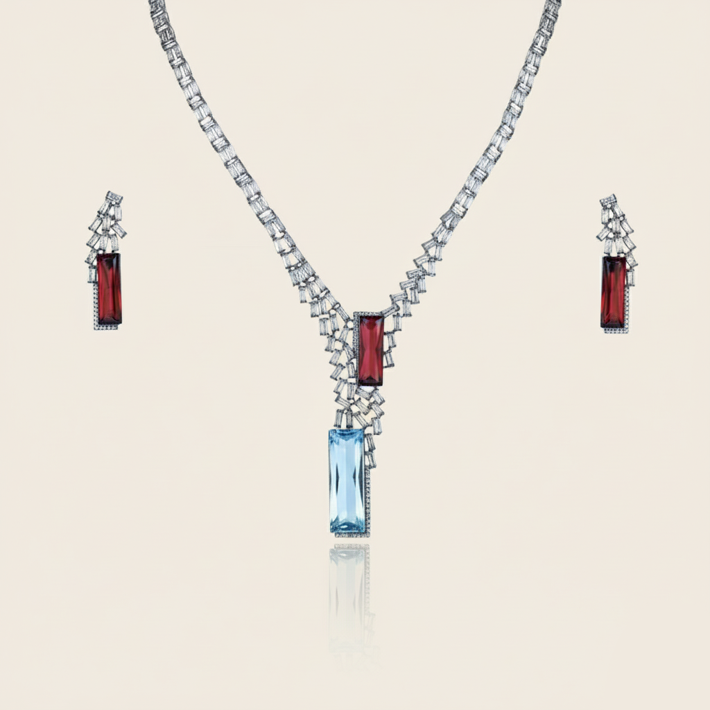 Aanura Red & Blue Stone Necklace Set
