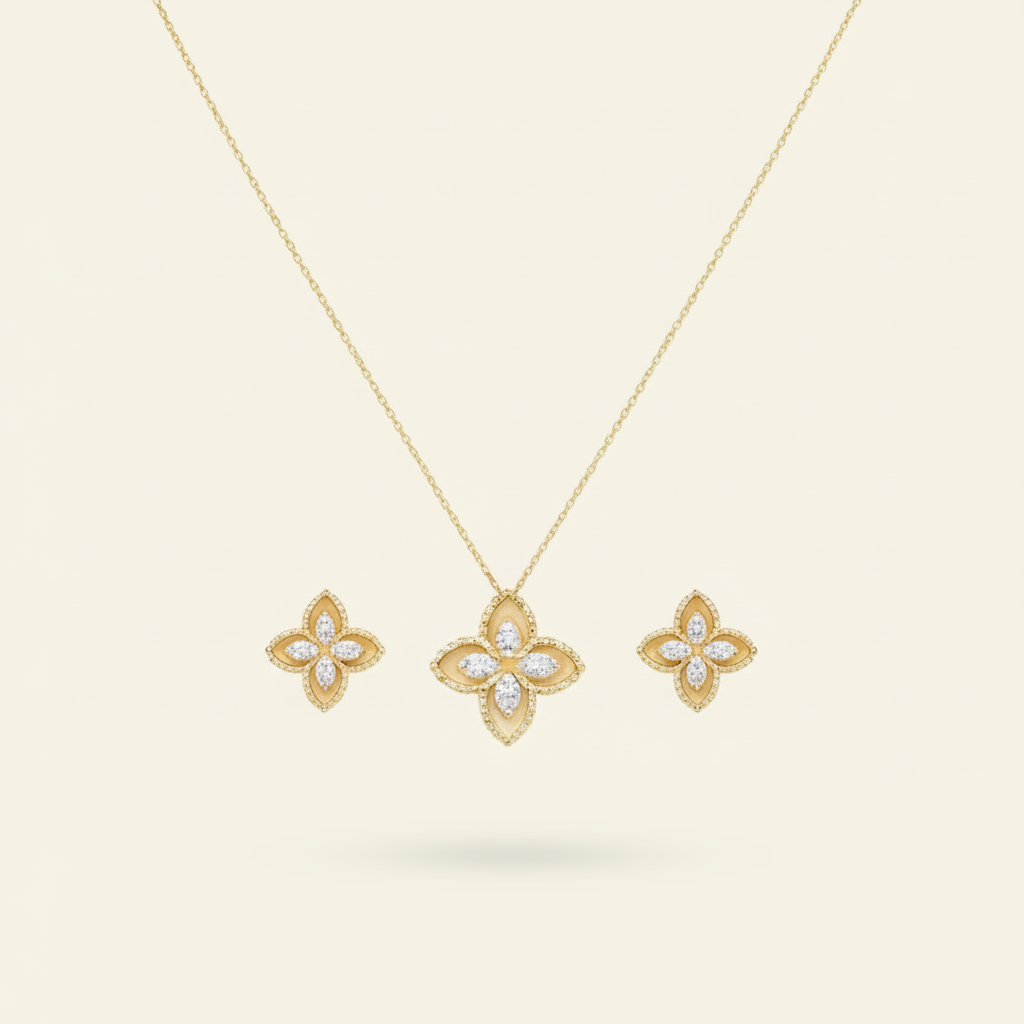Aanura Floral Clover Necklace & Earrings Set