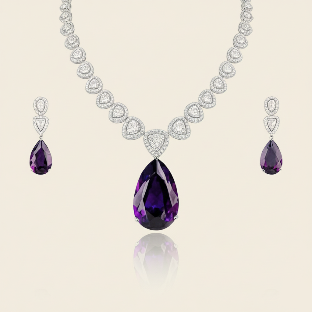 Aanura Purple Teardrop Crystal Necklace Set