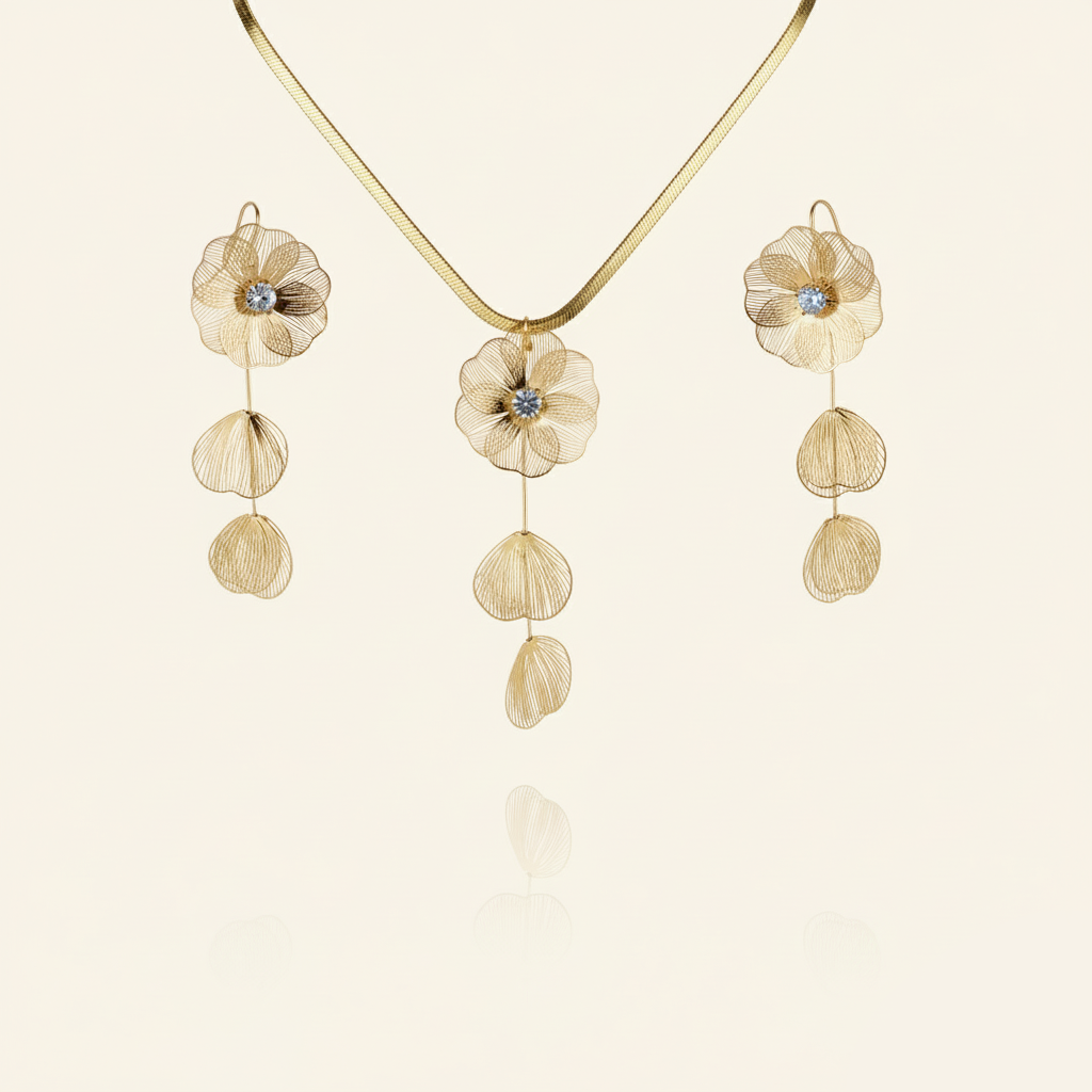 Aanura Golden Floral Cascade Necklace & Earrings Set