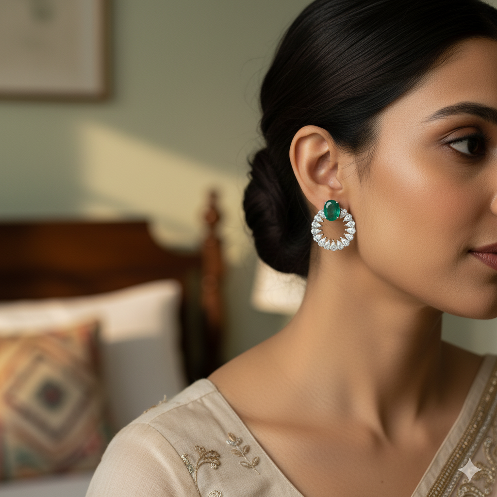 Aanura Emerald Halo Earrings in 925 Silver