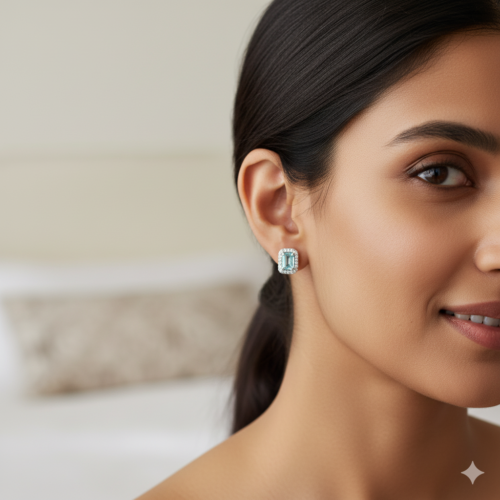 Aanura Emerald-Cut Gemstone Stud Earrings in 925 Silver