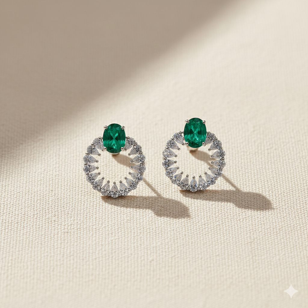 Aanura Emerald Halo Earrings in 925 Silver