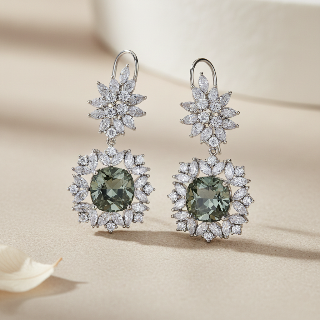 Aanura Silver Green Crystal Halo Drop Earrings