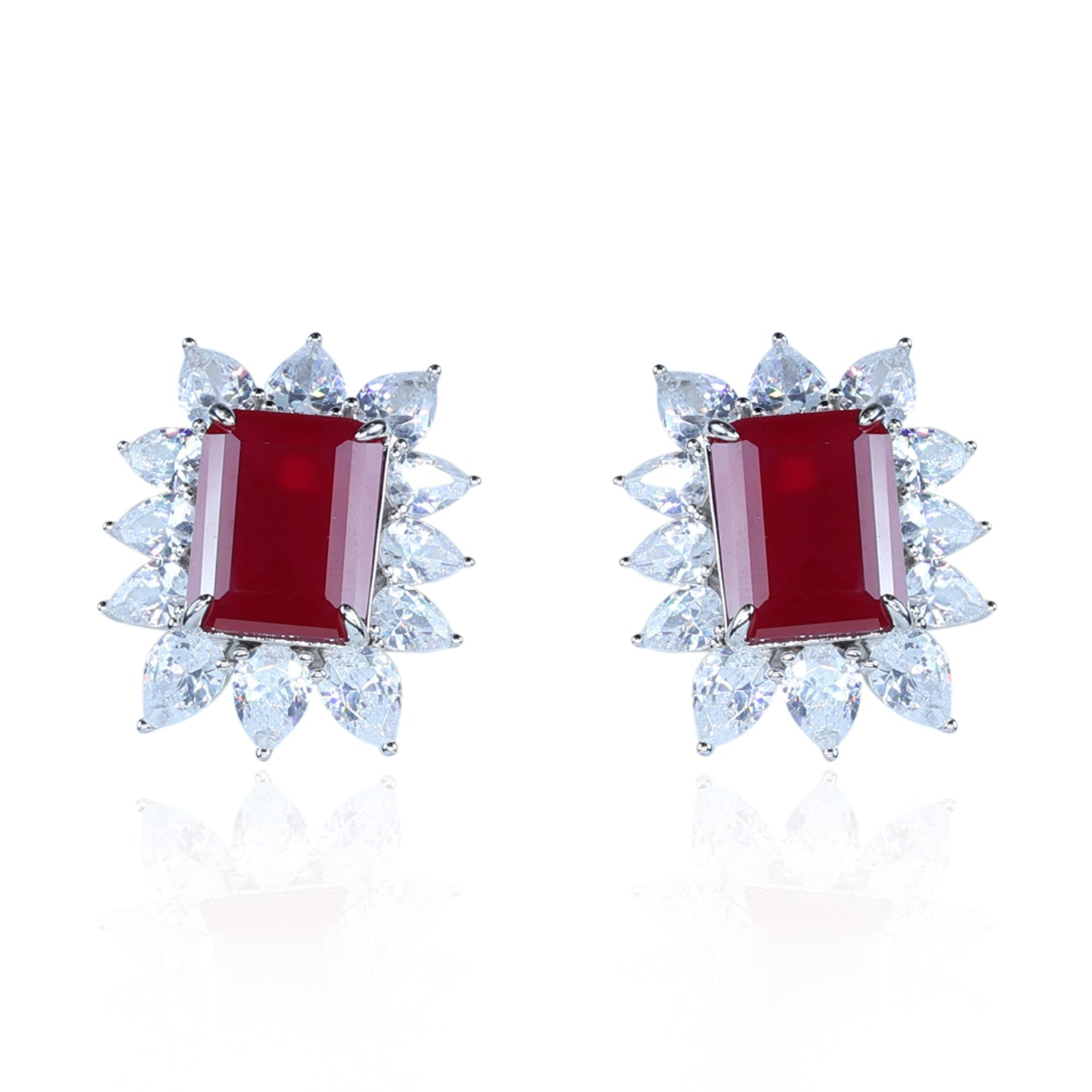 Aanura Emerald-Cut Green CZ Halo Statement Stud Earrings