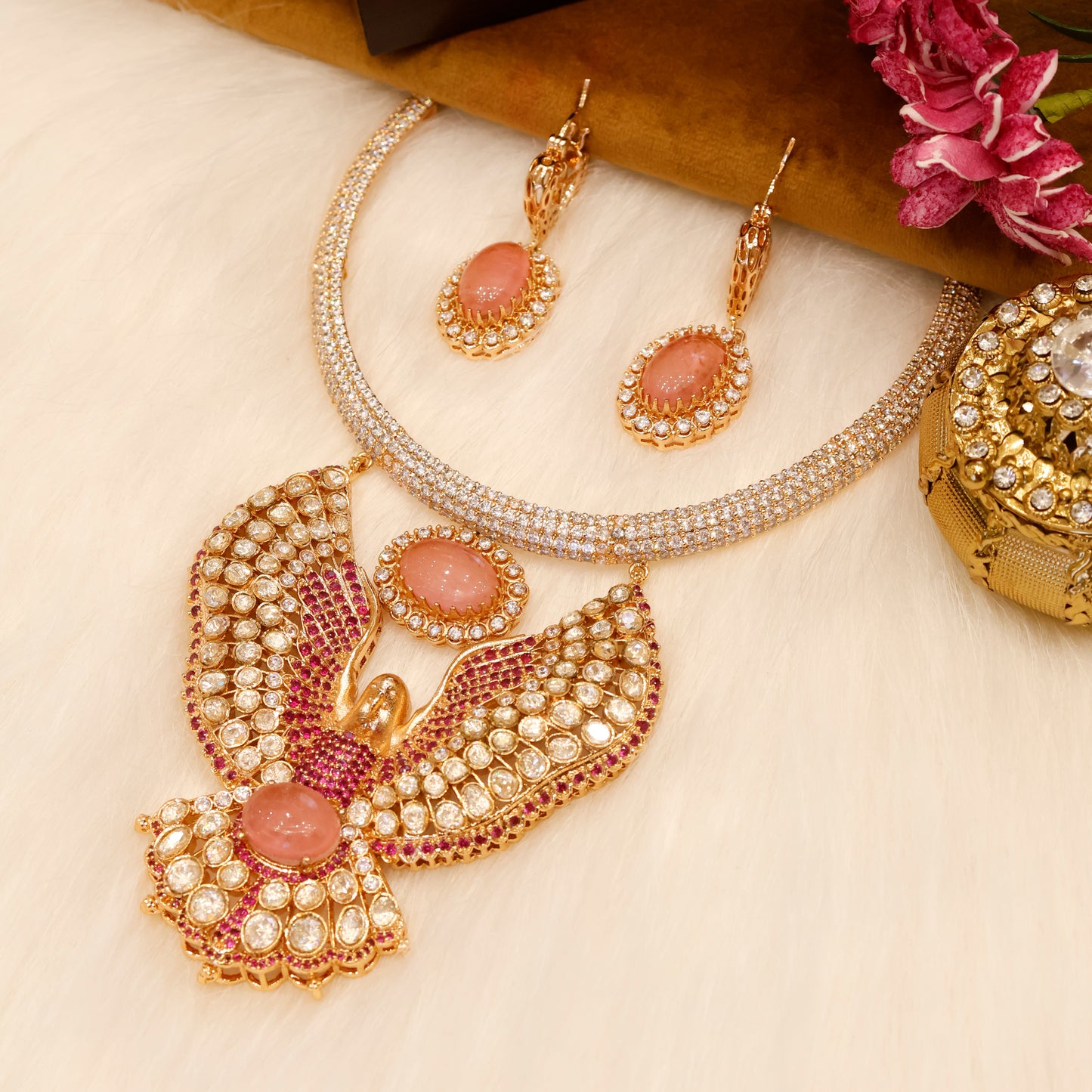 Aanura Pink Stone Eagle Motif Necklace Set