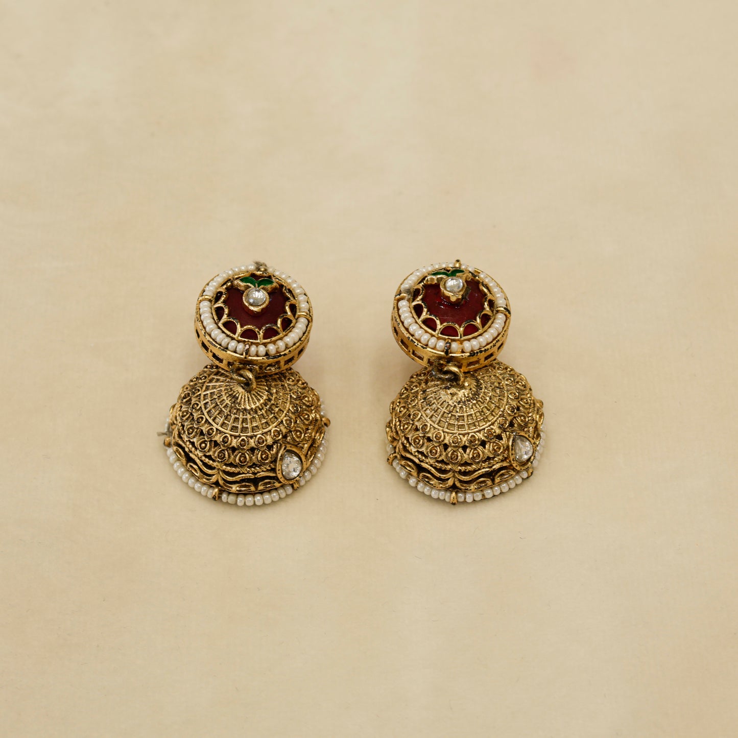 Aanura Long Temple Necklace Set with Green & Red Stones