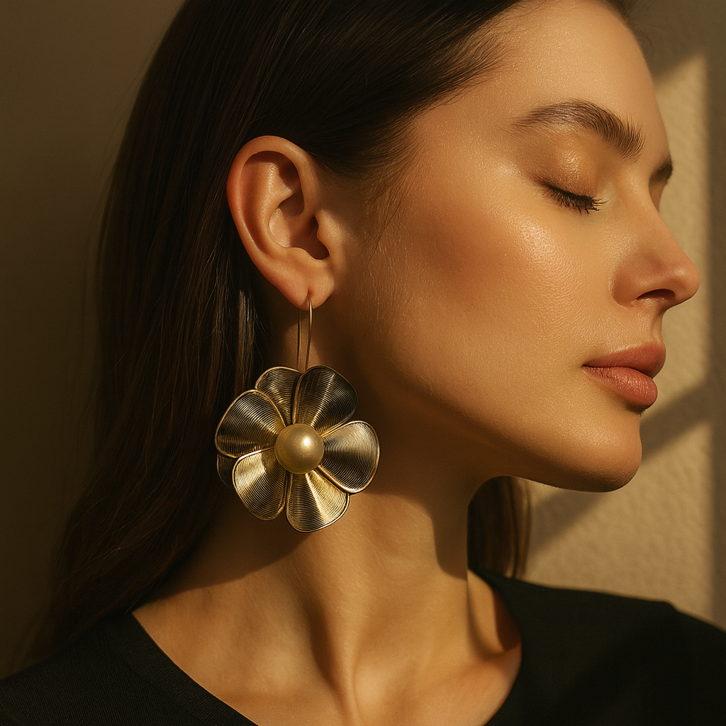 Aanura Floral Pearl Gold Statement Earrings