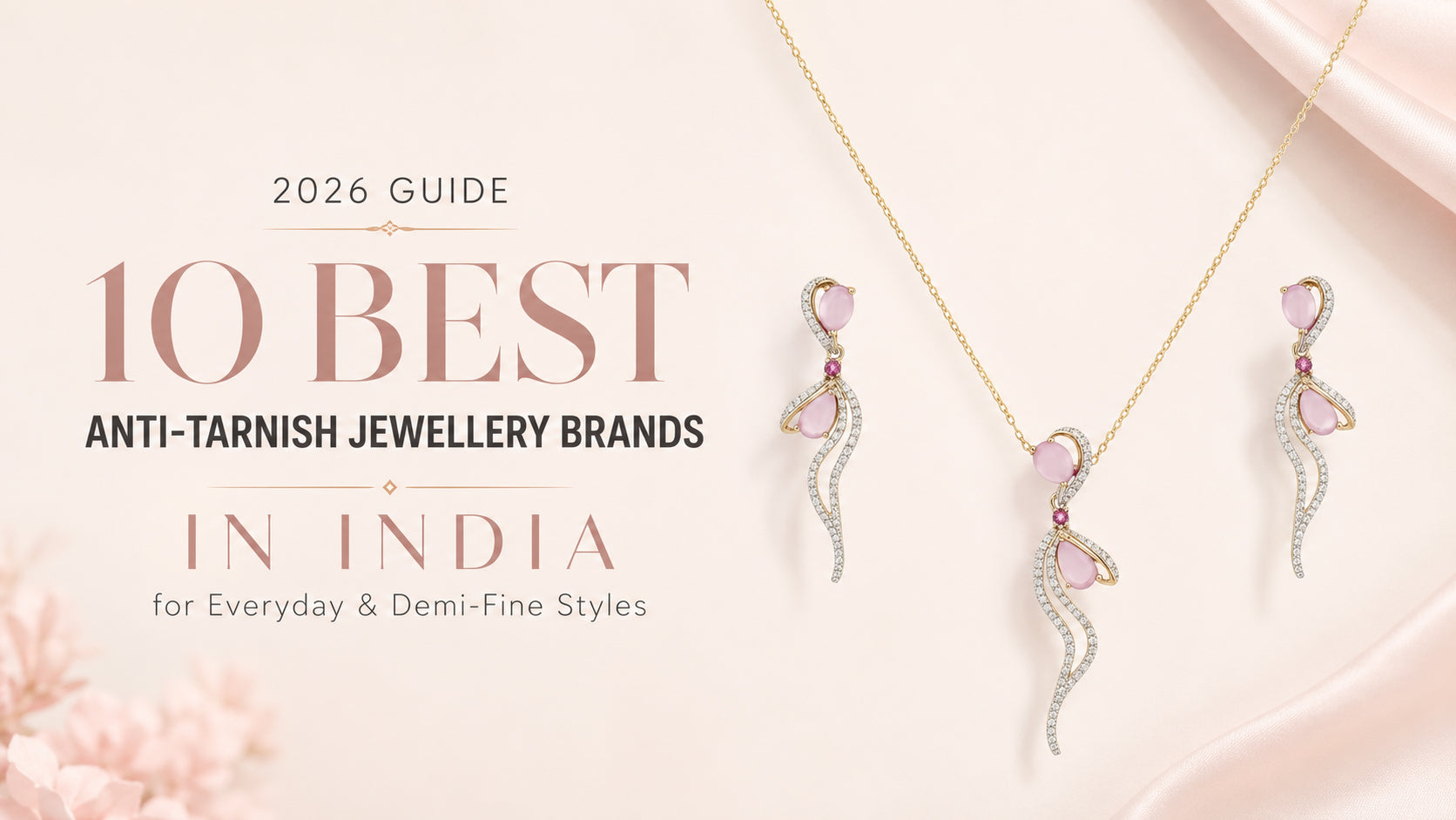 2026 guide to 10 best anti-tarnish jewellery brands in India featuring a pink stone necklace and matching earrings for everyday and demi-fine styles.