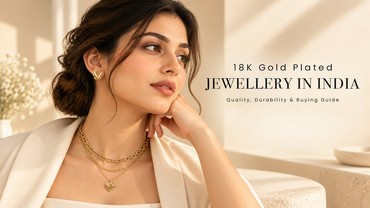 Woman wearing 18K gold plated necklace and earrings in India.