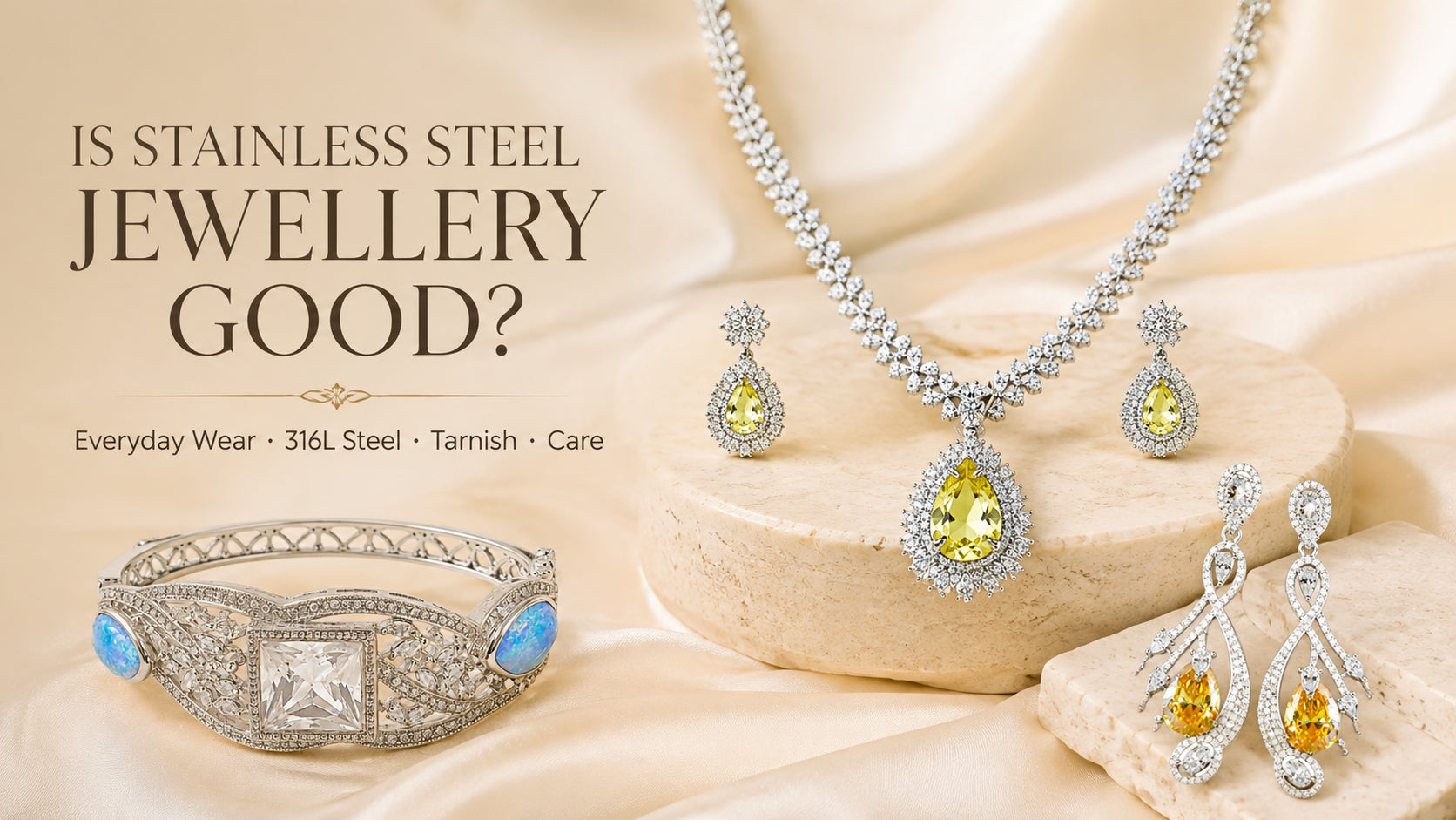 Stainless steel jewellery guide featuring silver-toned necklace, earrings and bracelet for everyday wear.