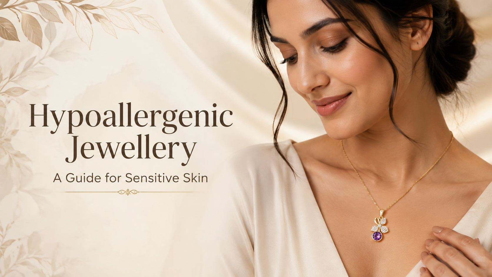 Woman wearing a gold necklace for a hypoallergenic jewellery guide for sensitive skin.