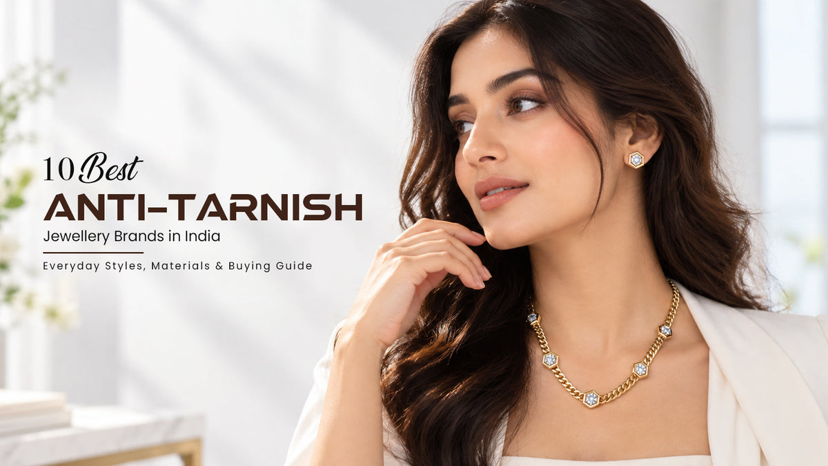 Woman wearing gold-plated necklace and earrings for an anti-tarnish jewellery brands guide.