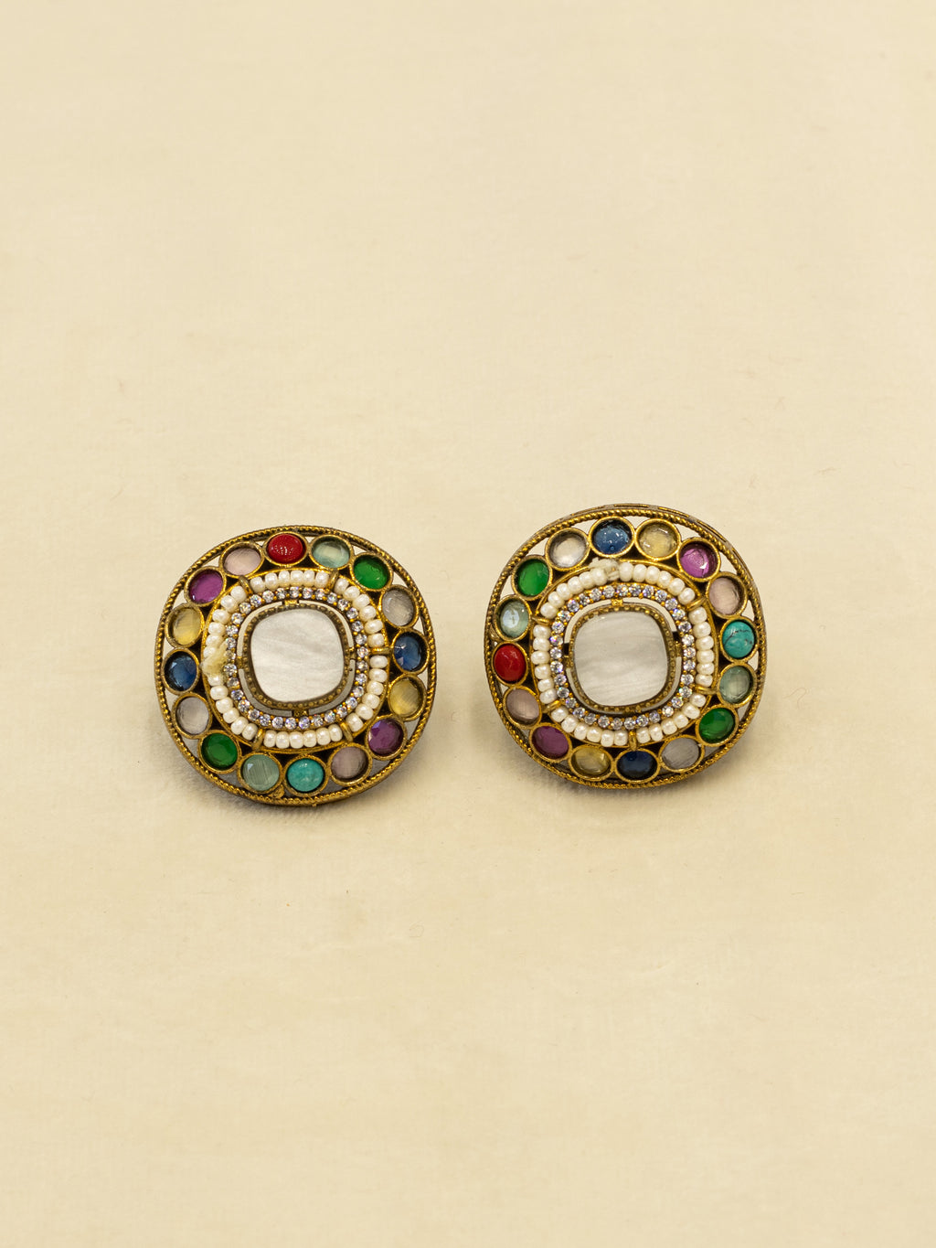 Aanura Navratna Choker Necklace with Green Center Stones