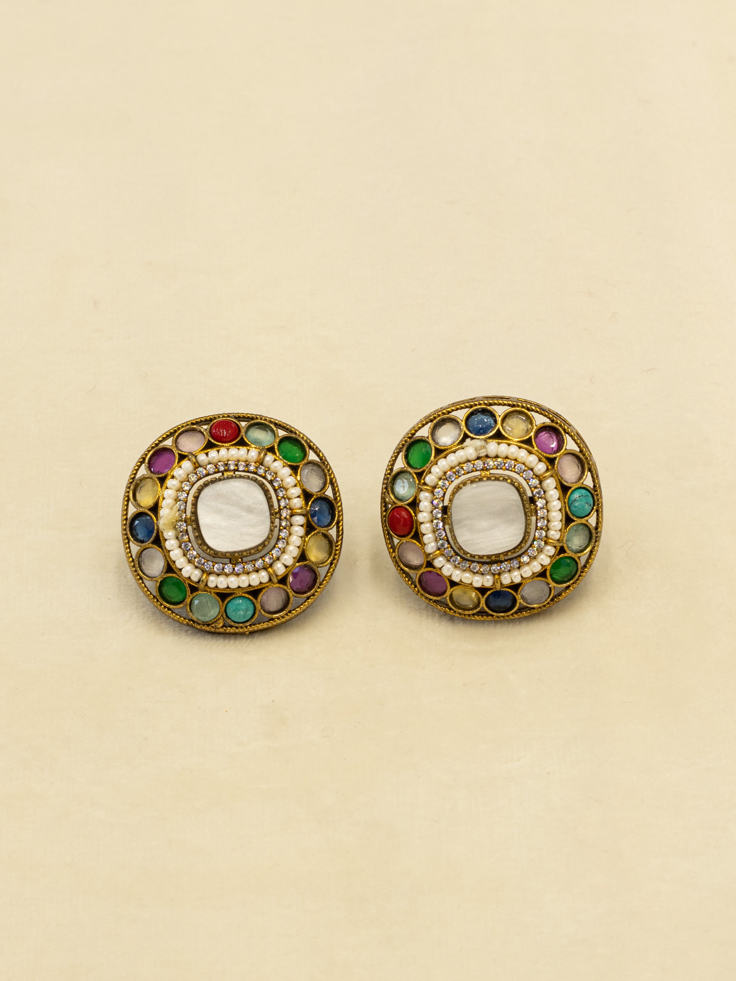 Aanura Navratna Choker Necklace with Green Center Stones