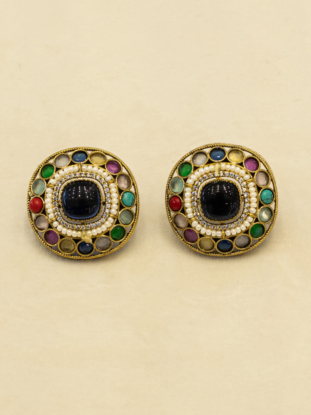 Aanura Navratna Choker Necklace with Green Center Stones