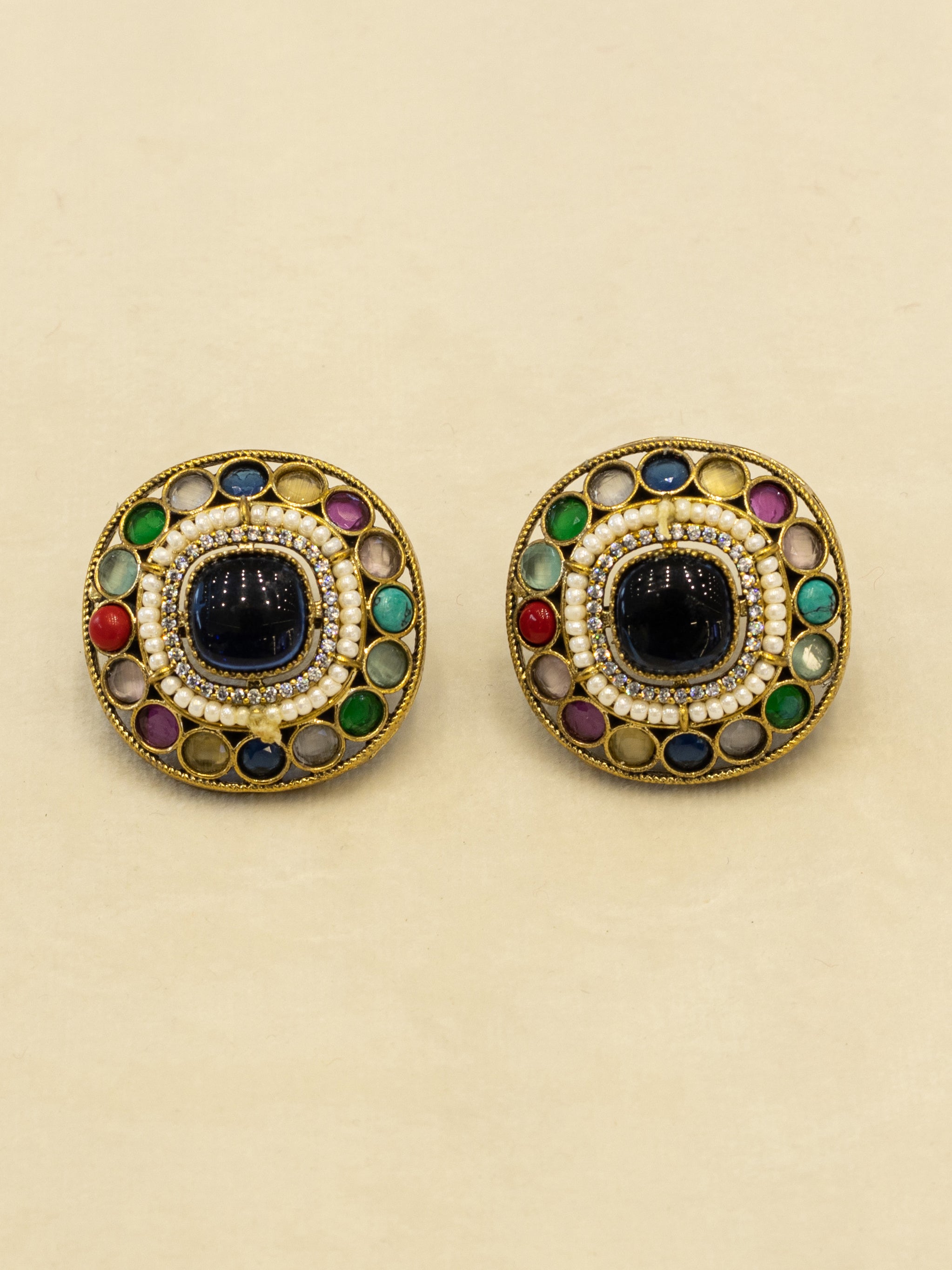 Aanura Navratna Choker Necklace with Green Center Stones