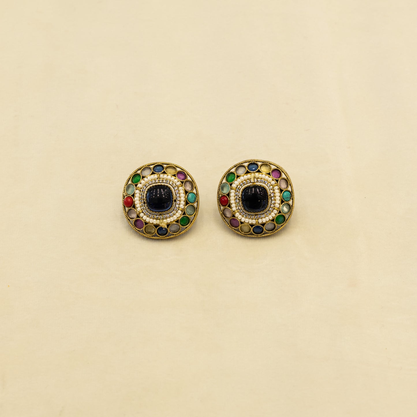 Aanura Navratna Choker Necklace with Green Center Stones