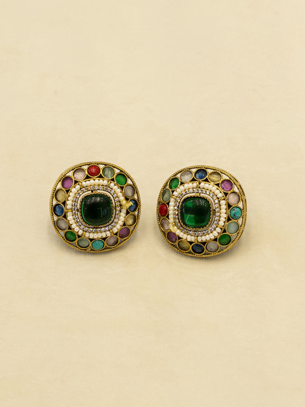 Aanura Navratna Choker Necklace with Green Center Stones
