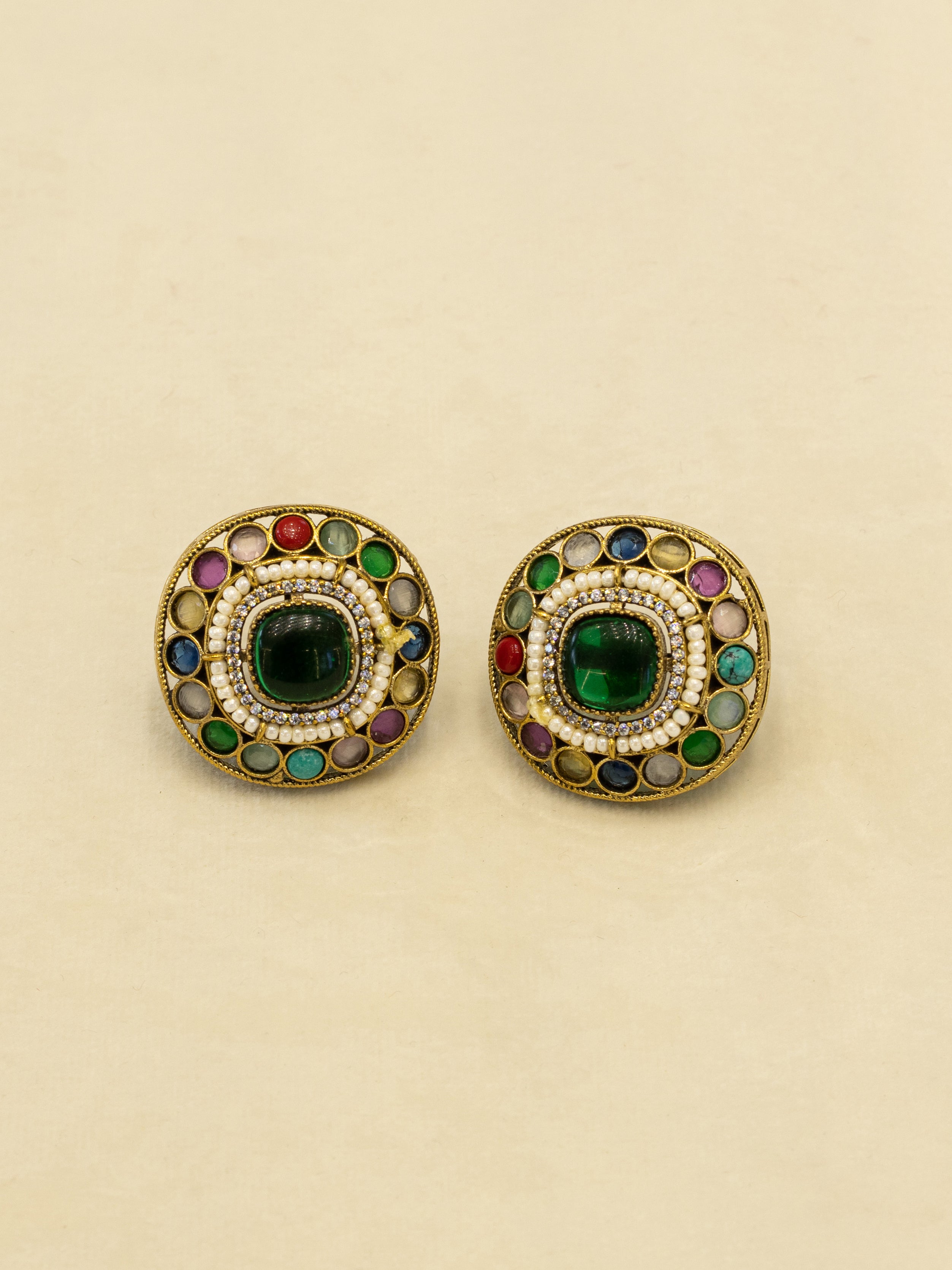 Aanura Navratna Choker Necklace with Green Center Stones