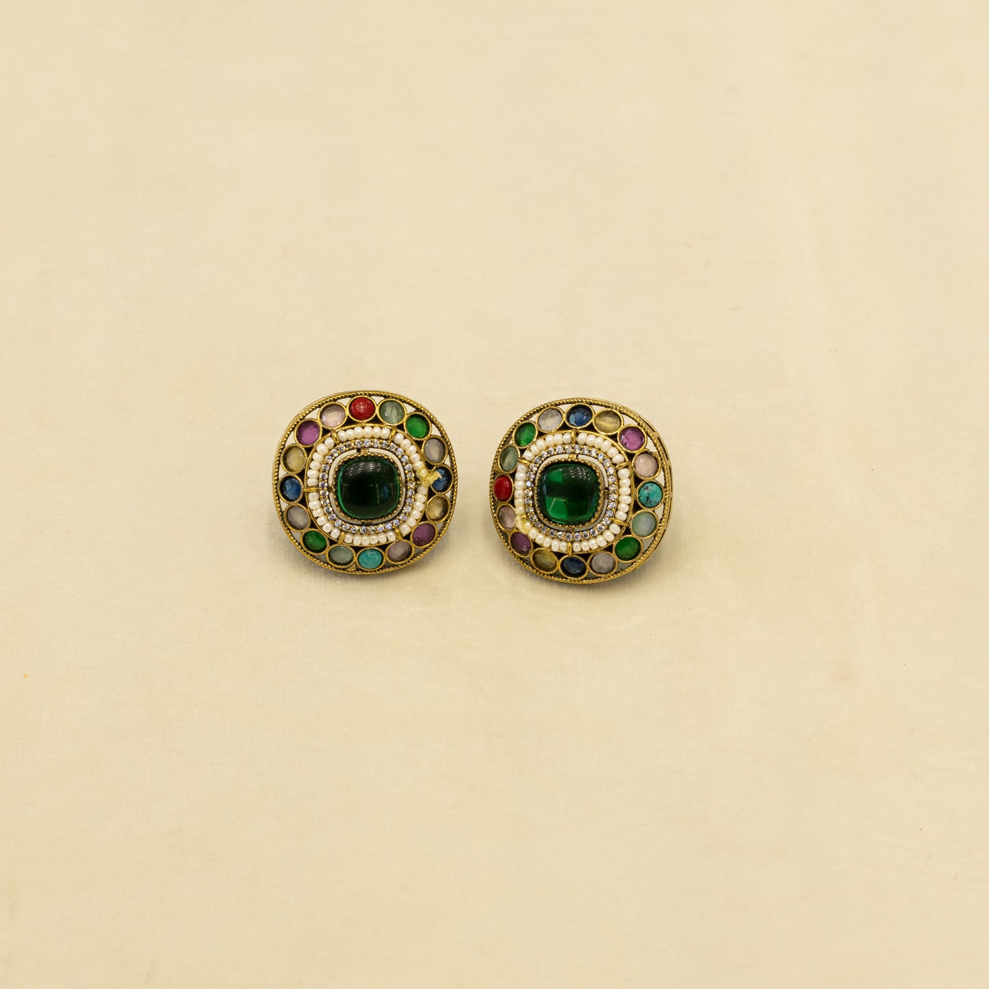 Aanura Navratna Choker Necklace with Green Center Stones