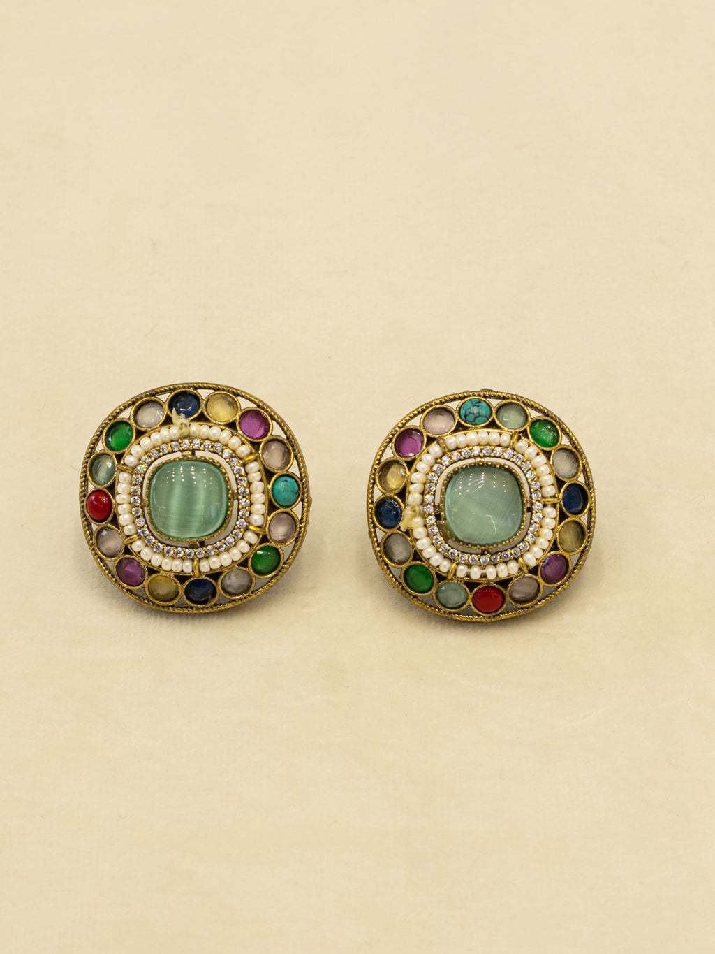 Aanura Navratna Choker Necklace with Green Center Stones