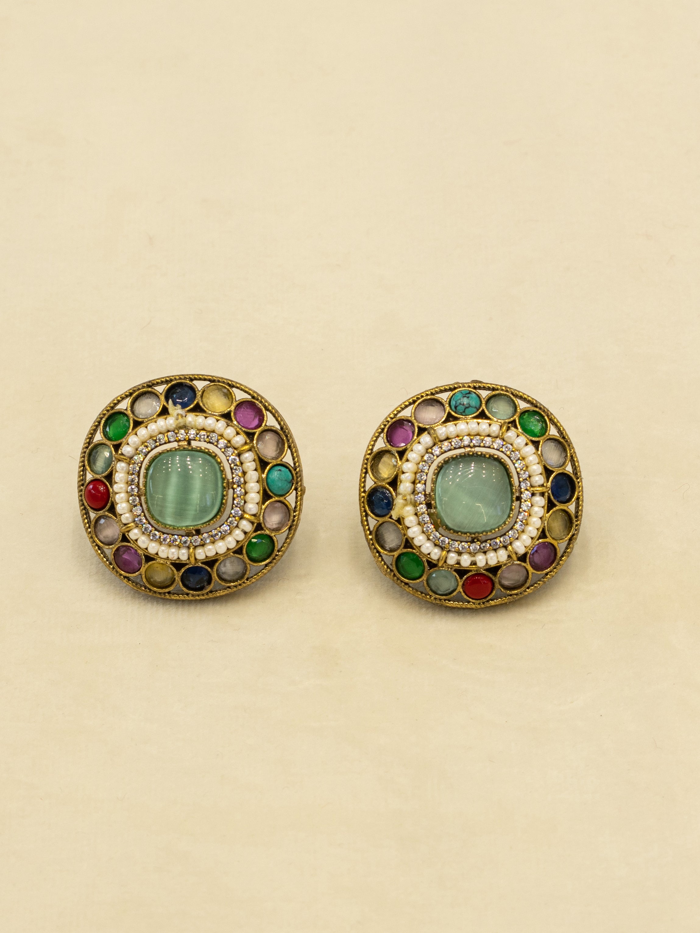 Aanura Navratna Choker Necklace with Green Center Stones