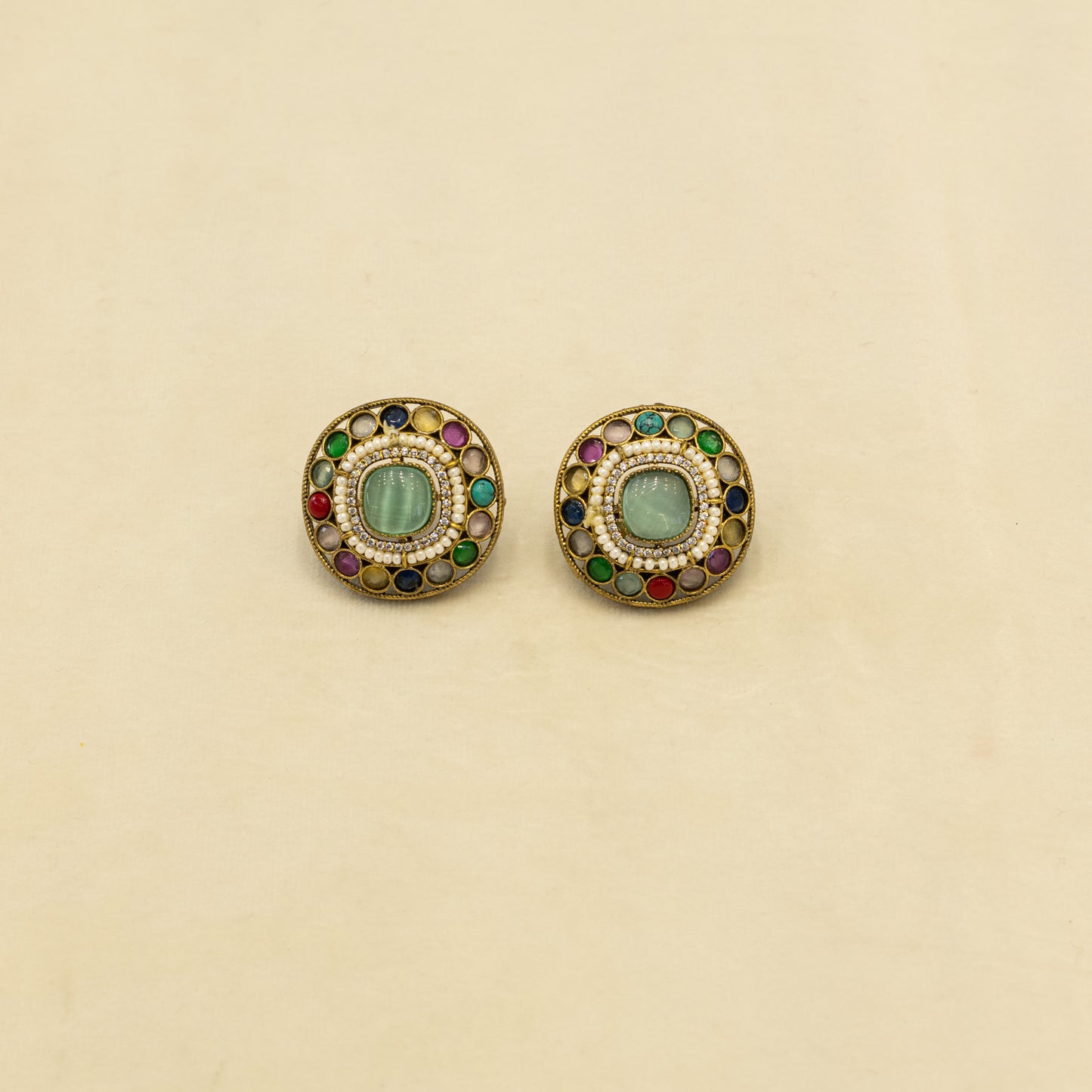 Aanura Navratna Choker Necklace with Green Center Stones