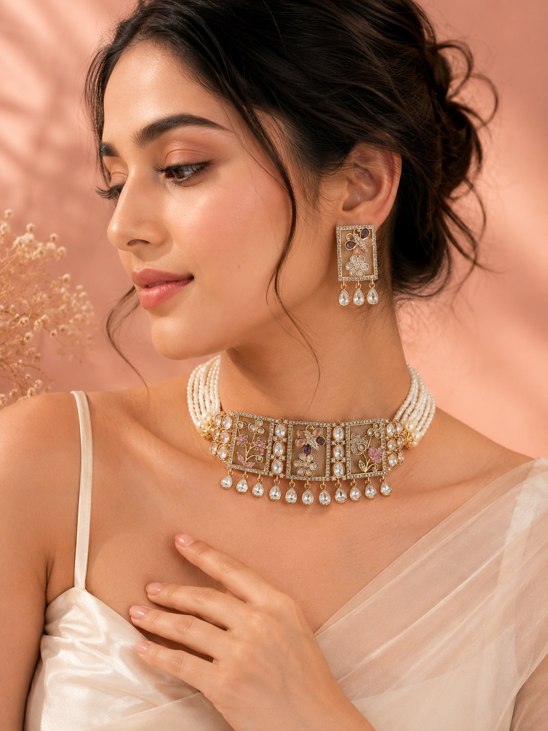 Aanura Floral Panel Choker Necklace Set