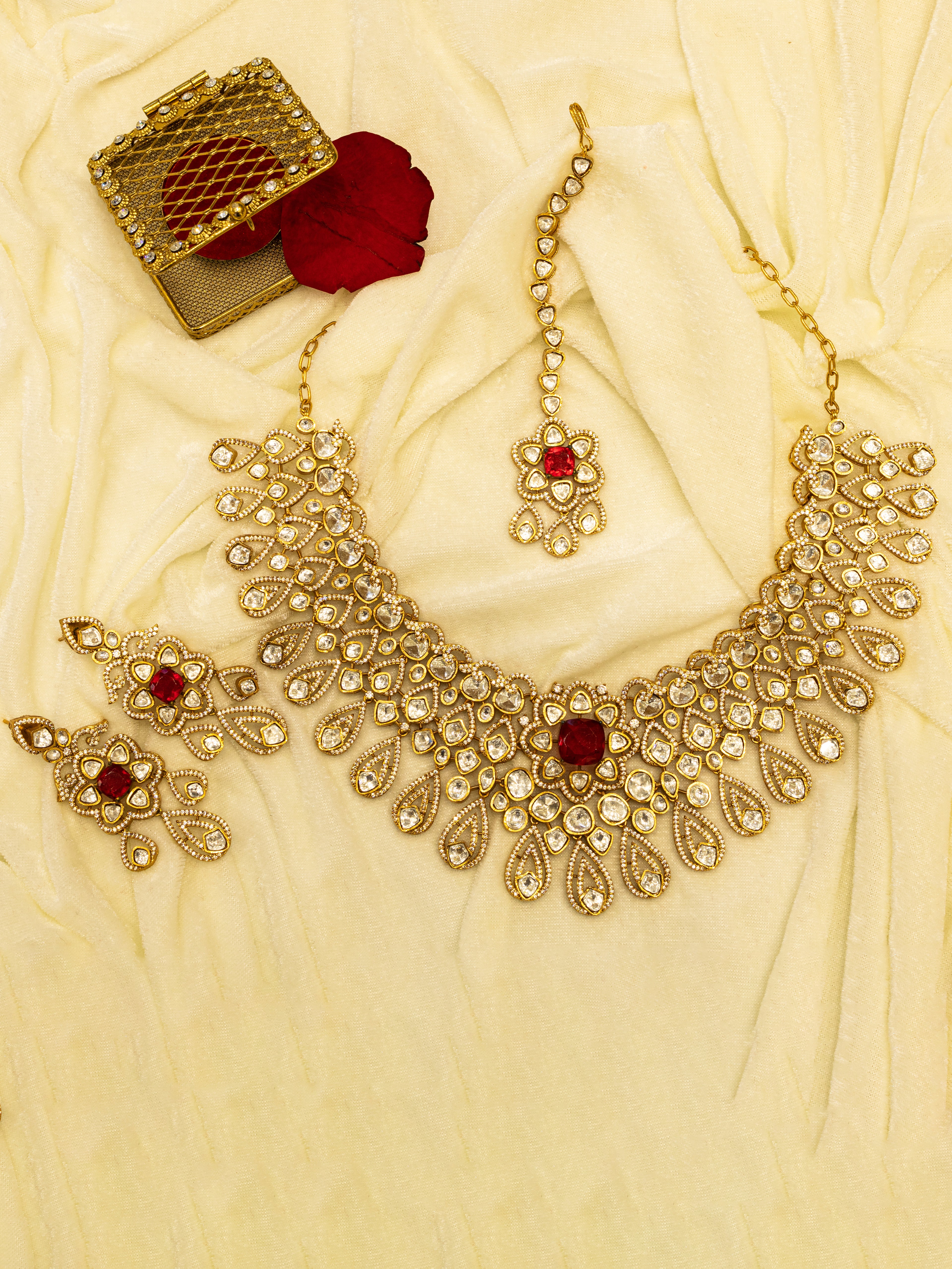 Aanura Bridal Emerald Kundan Necklace with Tikka Set