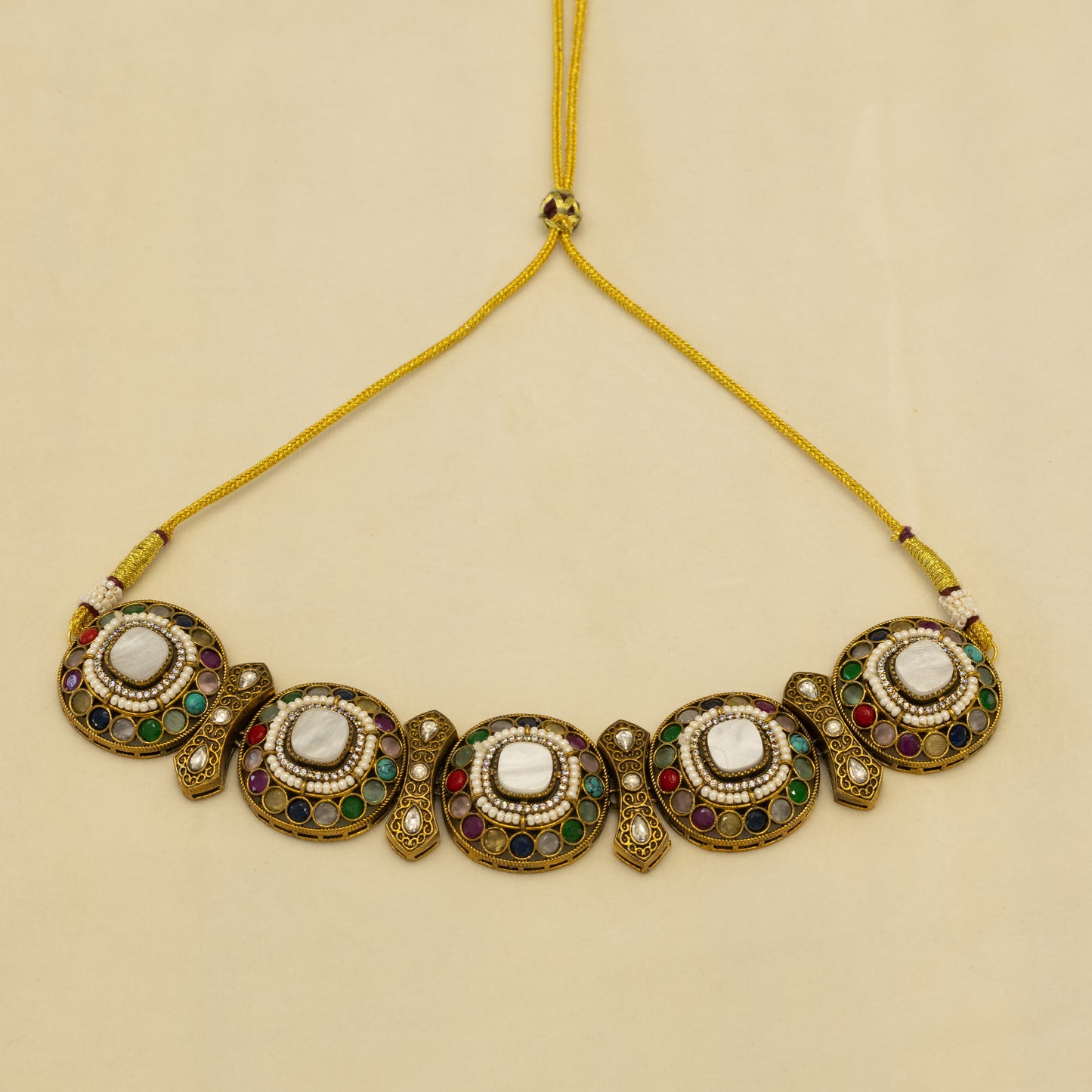 Aanura Navratna Choker Necklace with Green Center Stones