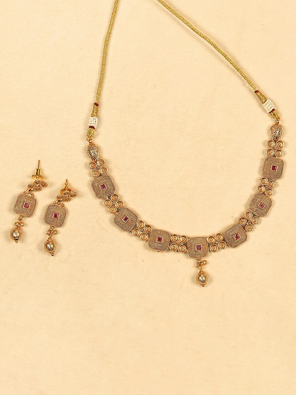 Aanura Gold Plated Ruby Grid Necklace Set