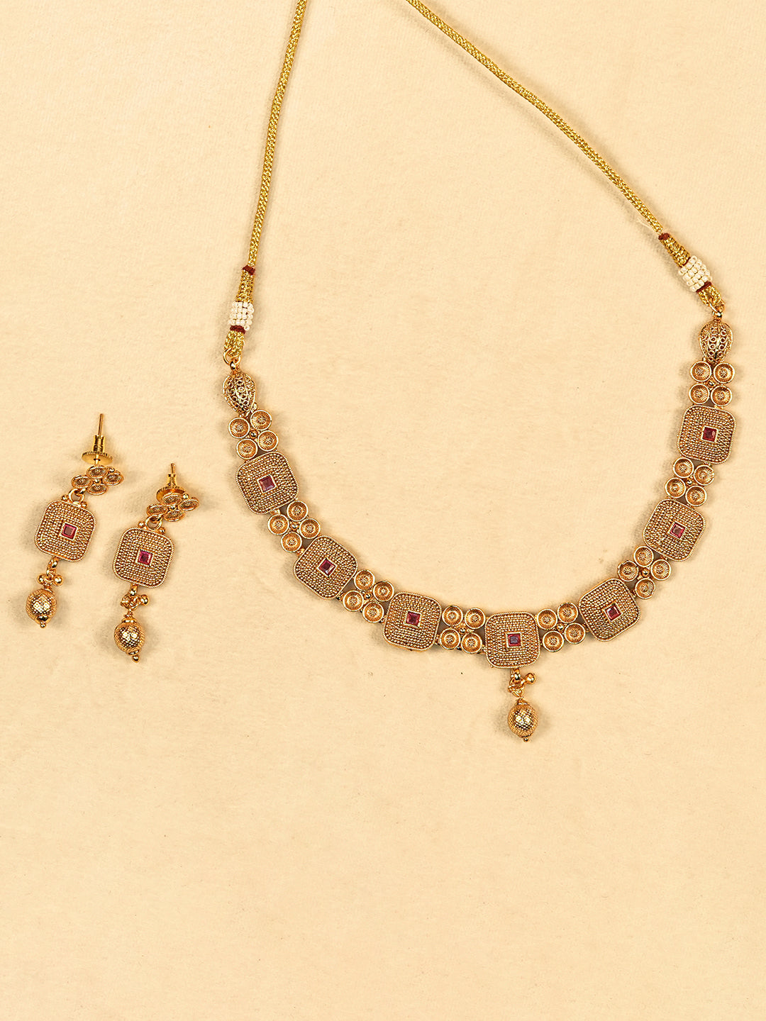 Aanura Gold Plated Ruby Grid Necklace Set