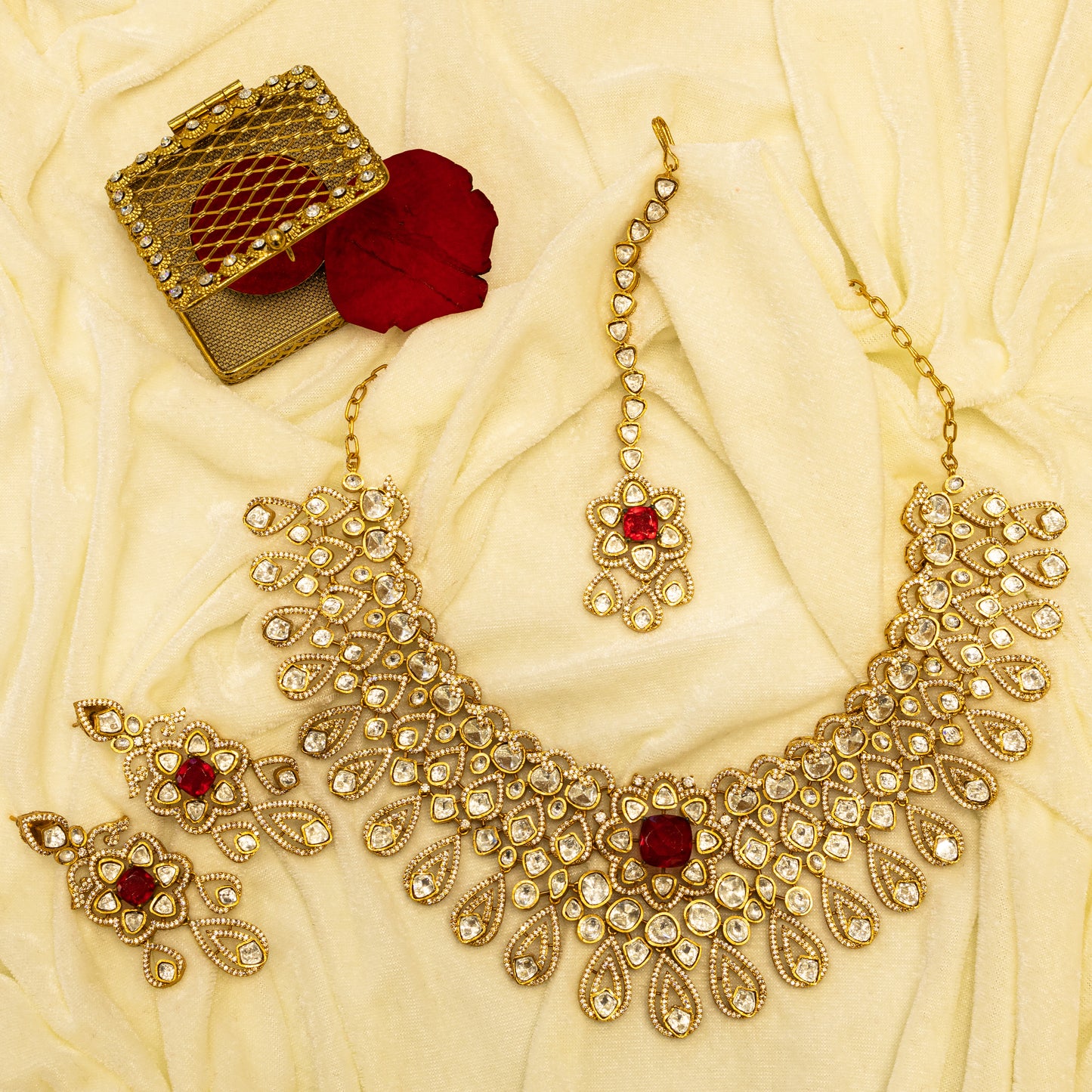 Aanura Bridal Emerald Kundan Necklace with Tikka Set