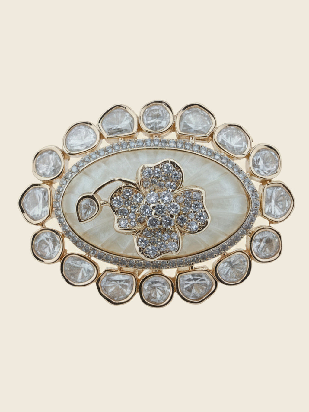 Aanura Gold-Plated Floral Oval Ring with Stones