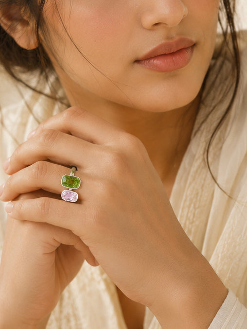 Rhodium Plated Green & Pink Double Crystal Open Ring