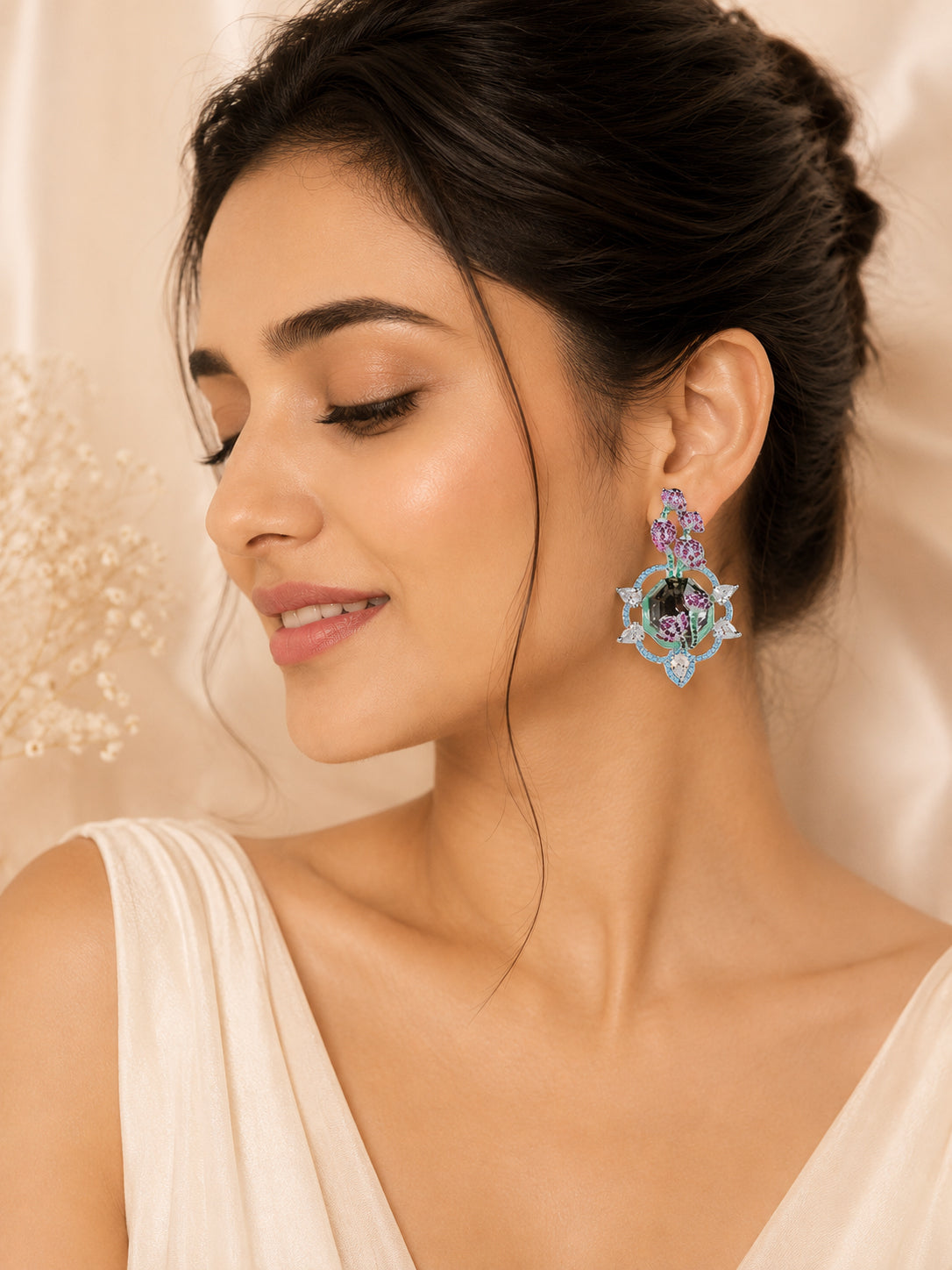 Aanura Floral Pink & Aqua Crystal Drop Earrings