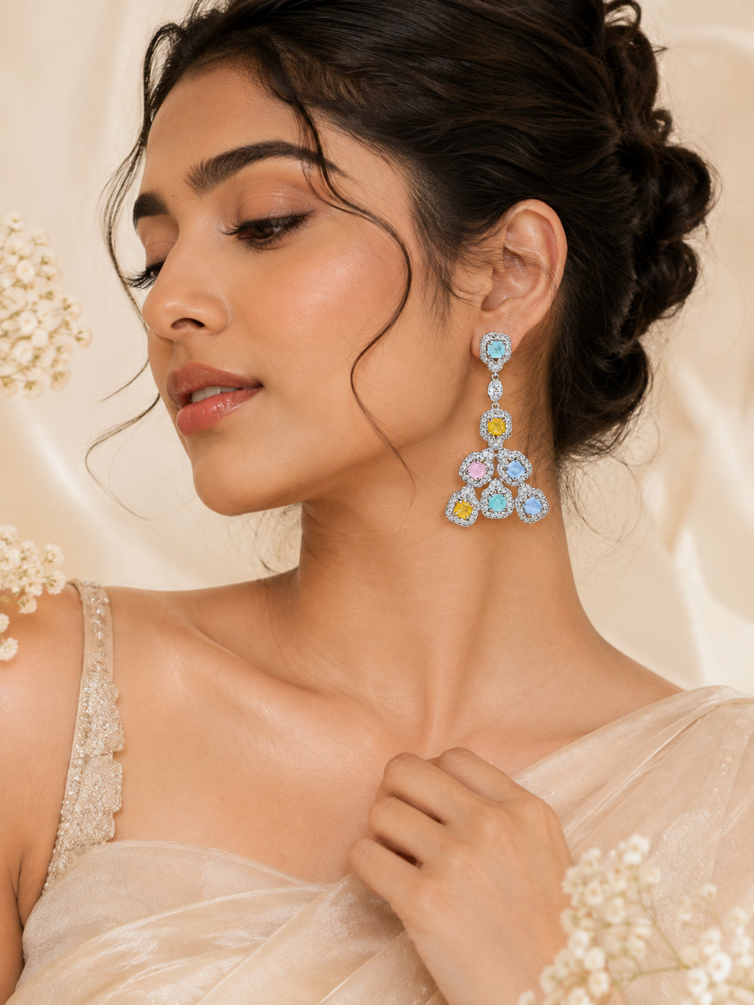 Aanura Silver Ruby Square Chandelier Earrings