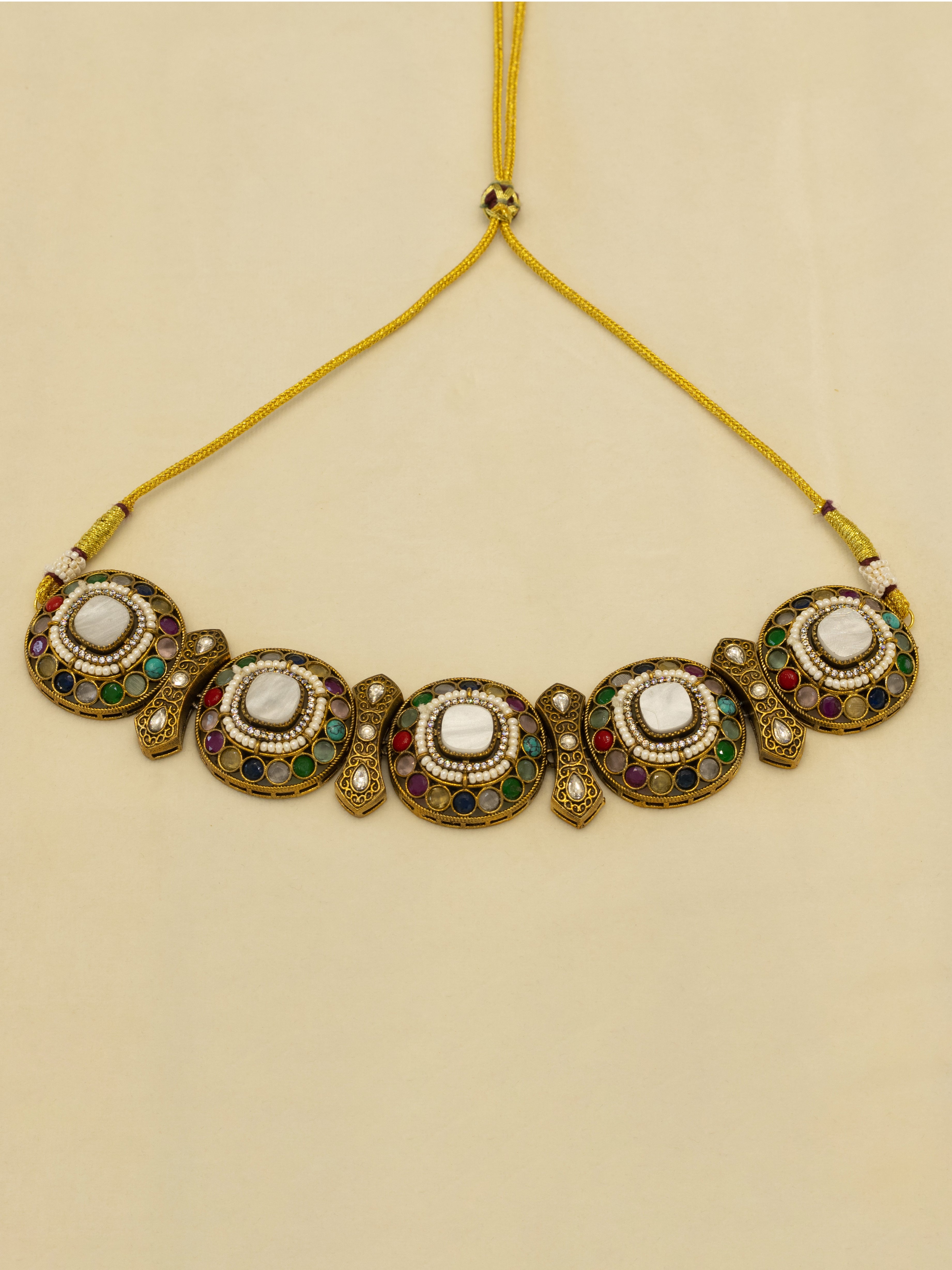 Aanura Navratna Choker Necklace with Green Center Stones