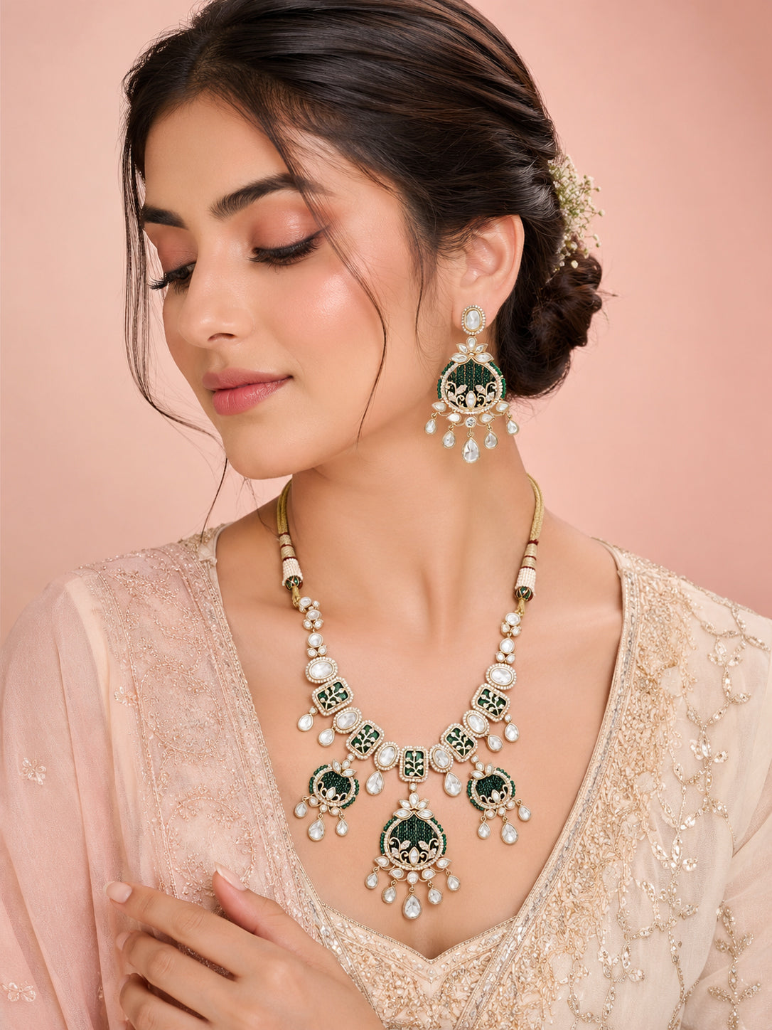 Aanura Green Beaded Kundan Necklace & Earrings Set
