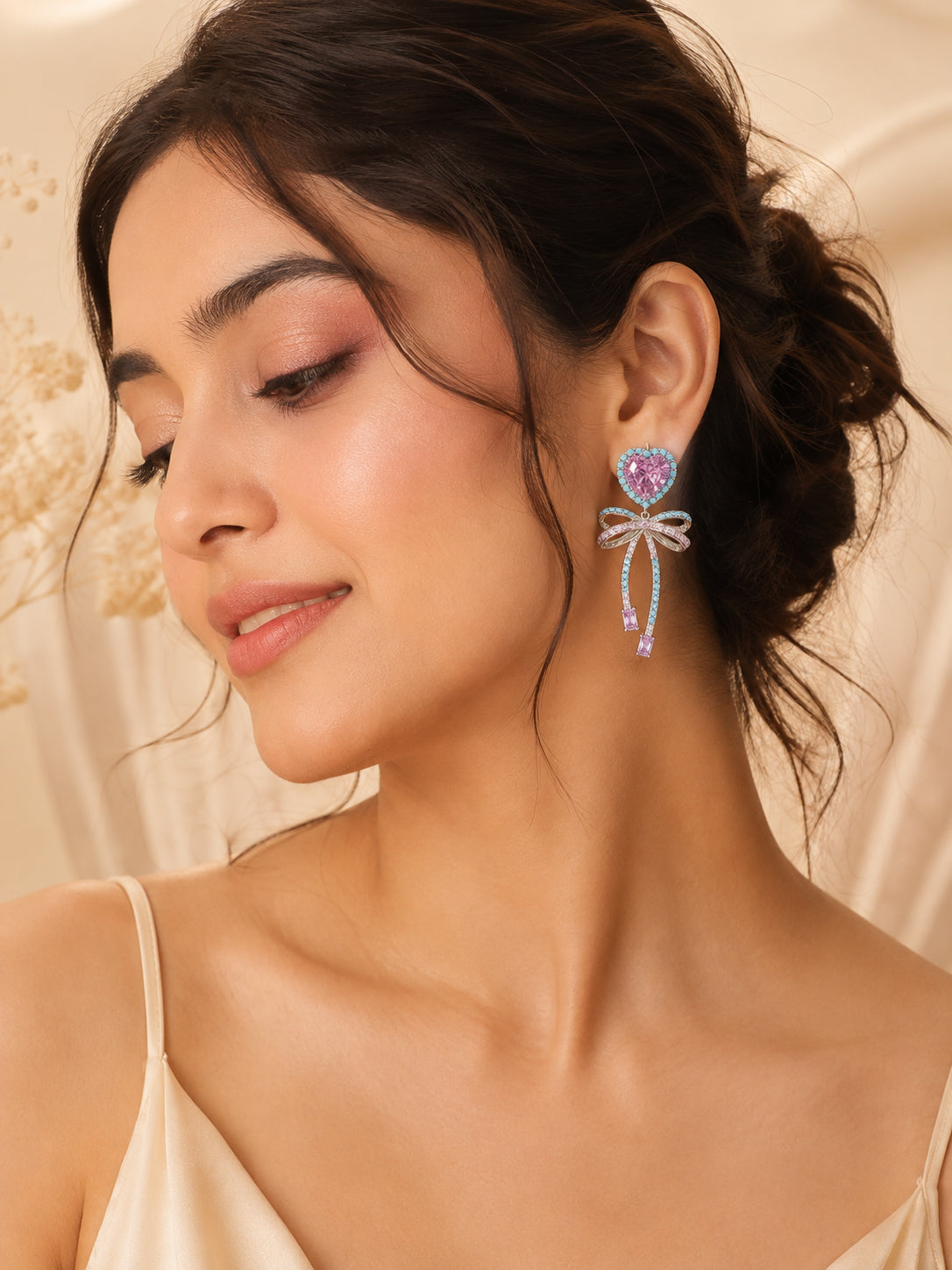 Aanura Pink Heart & Bow Crystal Drop Earrings