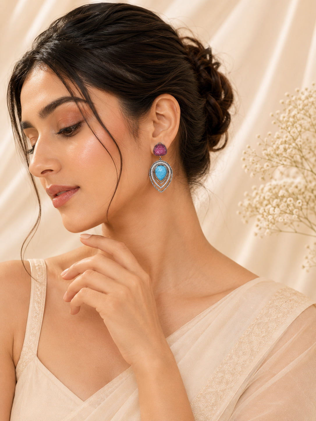 Aanura Blue Teardrop Dual-Tone Dangle Earrings