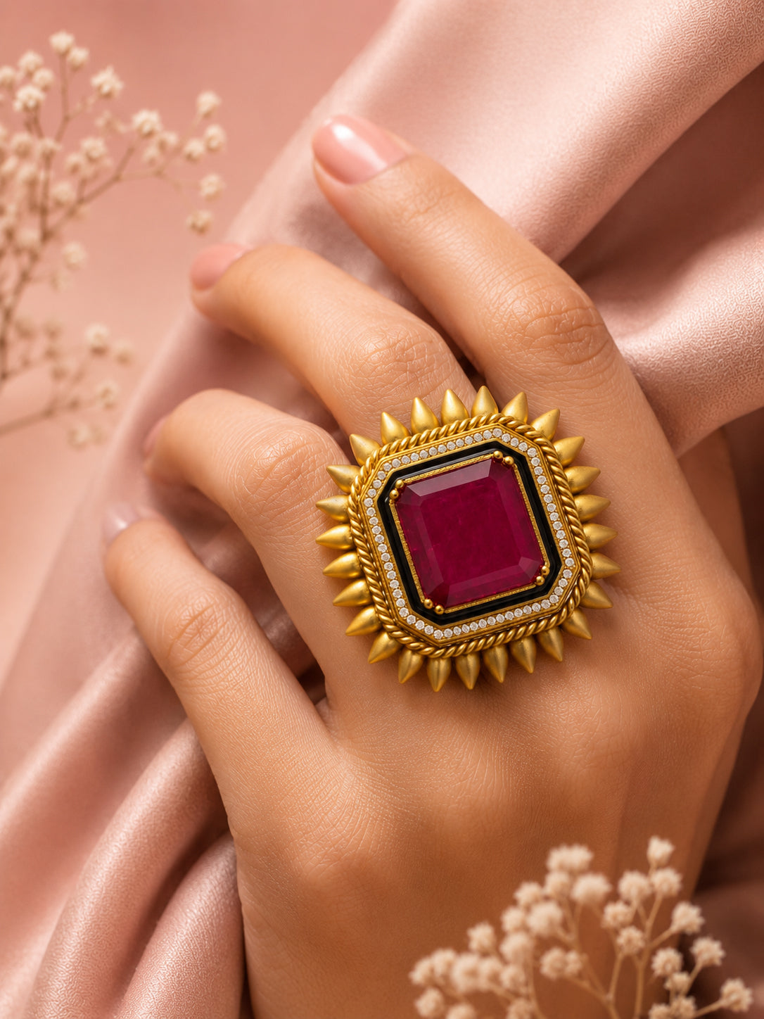 Aanura Gold-Plated Square Green Stone Statement Ring