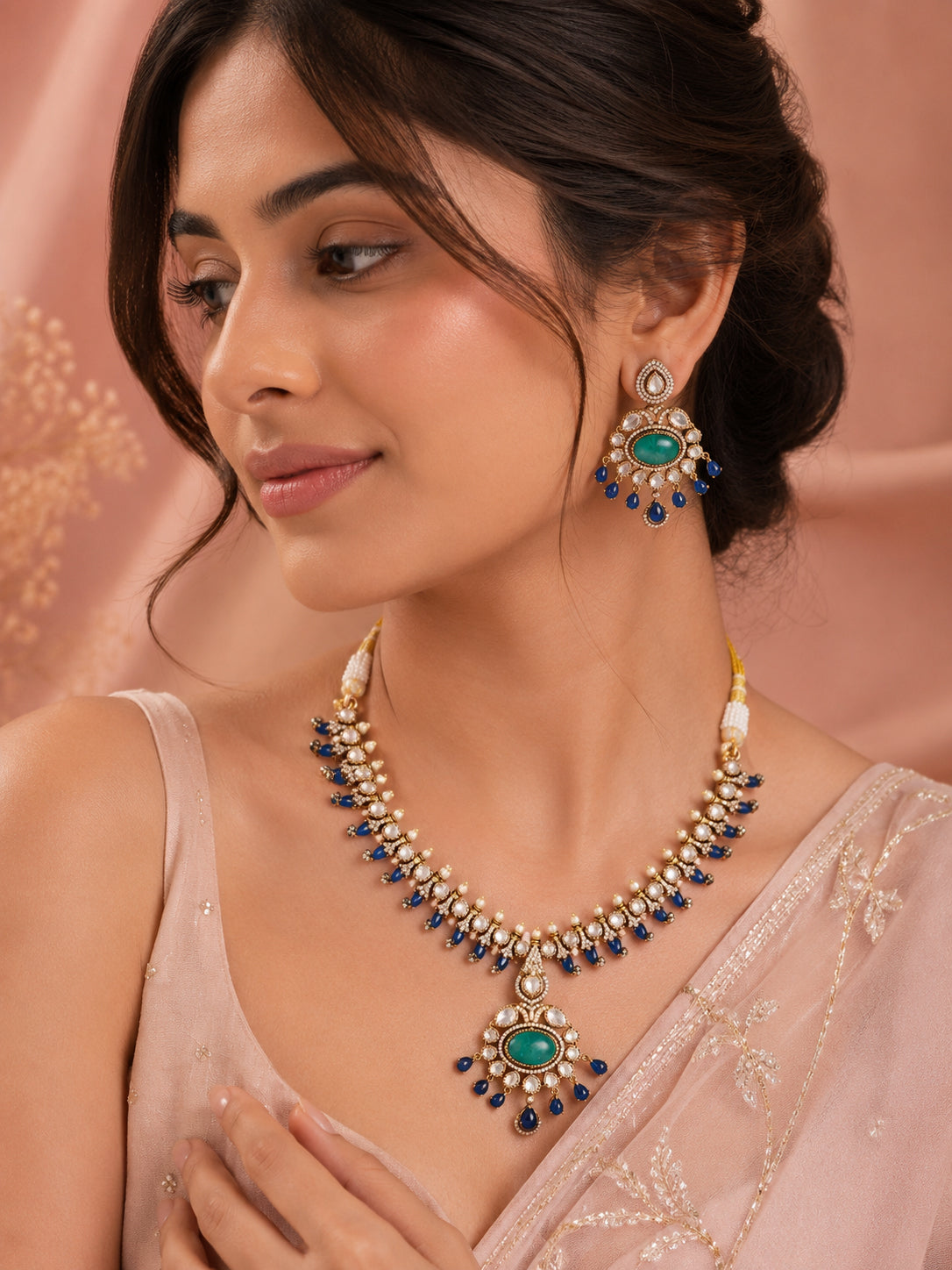 Aanura Royal Green Kundan Bridal Necklace with Earrings