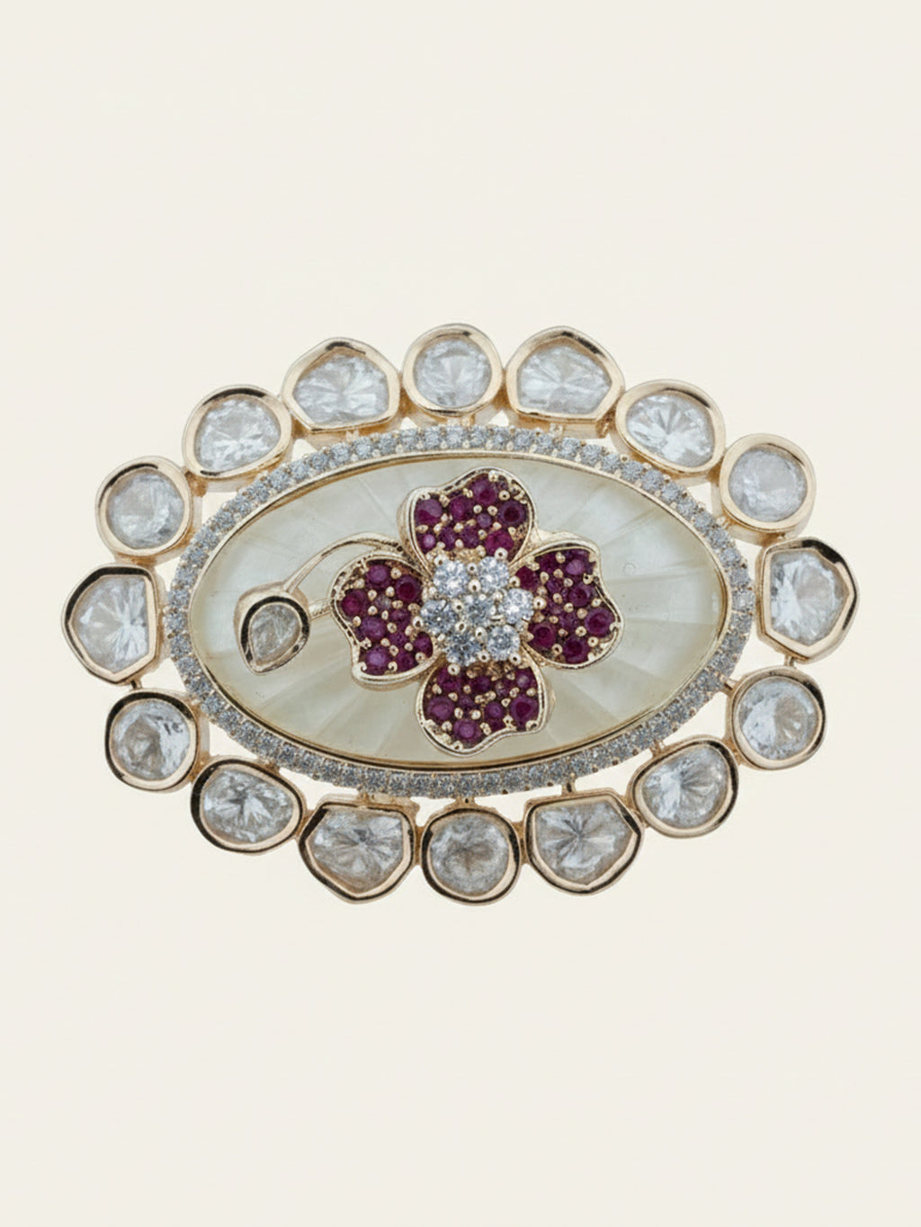Aanura Gold-Plated Floral Oval Ring with Stones