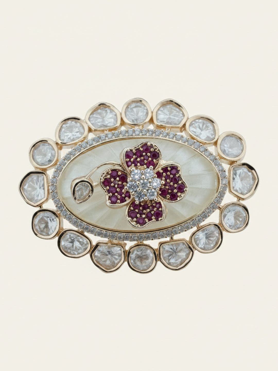 Aanura Gold-Plated Floral Oval Ring with Stones
