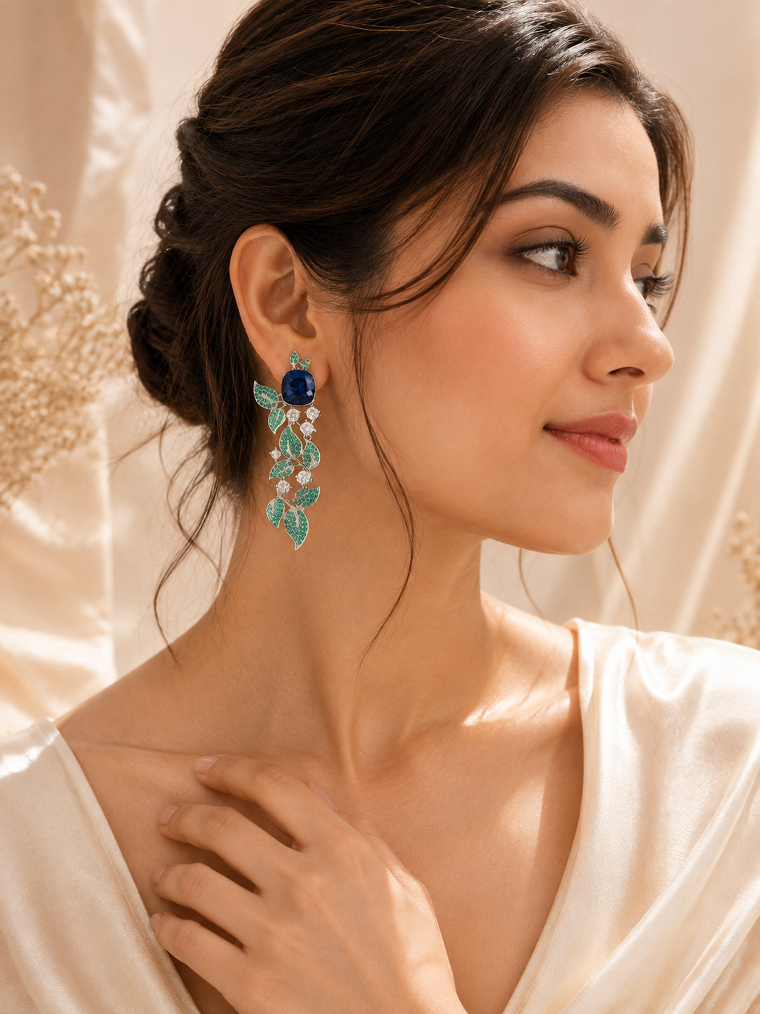 Aanura Blue Sapphire Leaf Cascade Earrings