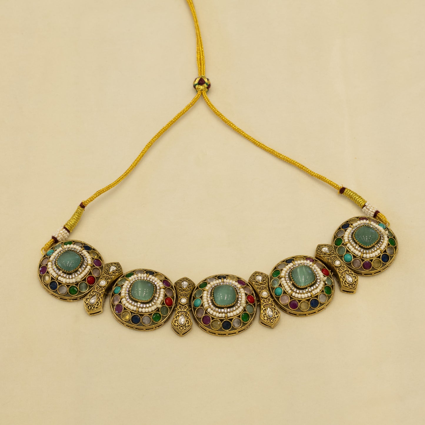 Aanura Navratna Choker Necklace with Green Center Stones