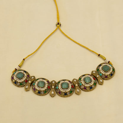 Aanura Navratna Choker Necklace with Green Center Stones